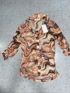 Flowing Marble-Print Button-Up Top - Multi Brown small women mesh see through